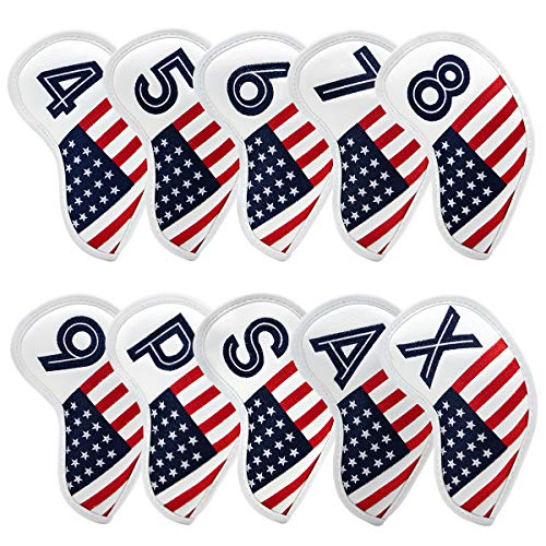 Golf Iron Head Covers Set 10pcs/Set Iron Headcover Golf Iron Club Cover USA American Flag for Titleist, Callaway, Ping, Taylormade PXG0311 (White2)