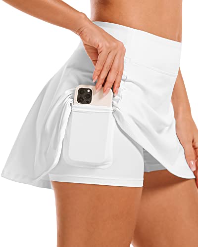 Stelle Women’s Tennis Skirts High Waisted Golf Skorts with Inner Shorts for Running Athletic (WT, S) White