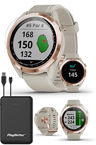 Garmin Approach S42 (Rose Gold/Light Sand) Womens Golf GPS Watch | Golfer’s Bundle with Portable Charger & HD Tempered Glass Screen Protectors | 42,000+ Courses, Green View True Shape & F/M/B Yardage