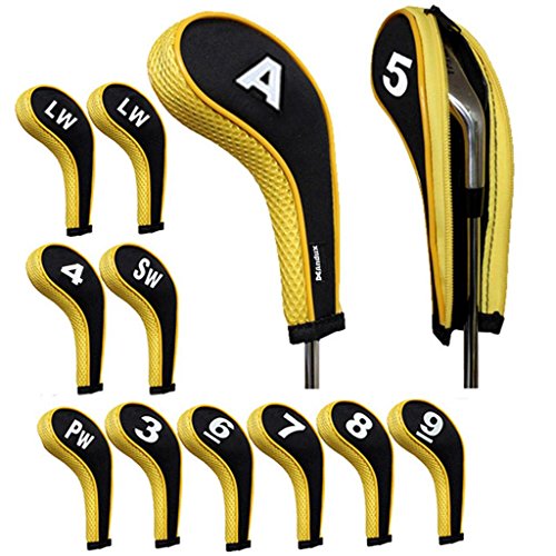 Andux Number Print Golf Iron Club Head Covers Long Neck with Zipper 12pcs/Set Black/Yellow