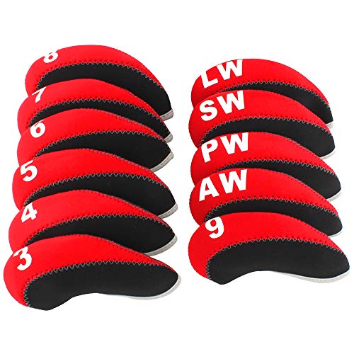 11pcs/Set Neoprene Iron Headcover Set with Large No. for All Brands Callaway,Ping,Taylormade,Cobra Etc. (Black & Red)