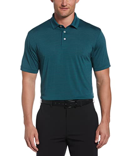 PGA TOUR Men’s Short Sleeve Single Feeder Stripe Polo Shirt, Green Heron, Large