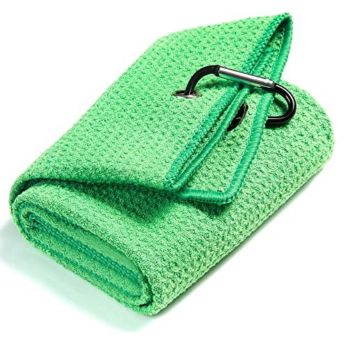 ElkPace Tri-fold Golf Towels, Extra Large 16” x 24” Premium Microfiber Golf Towel with Waffle Pattern | Golf Towels for Golf Bags with Clip (Green Golf Towel)