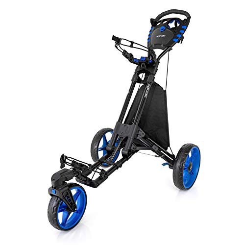 SereneLife 3 Wheel Golf Push Cart – Lightweight Folding Walking Push Cart Roller Golf Bag Holder w/Foot/Handle Brake, Upper/Lower Bracket w/Elastic Strap, Scorecard/Cup/Bag Storage Holder SLGZ48