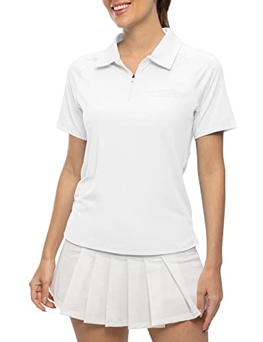 TBMPOY Women’s Polo Shirts Short Sleeve UPF 50+ Zipper Athletic Golf T Shirts Quick Dry Lightweight Sports Shirt White L