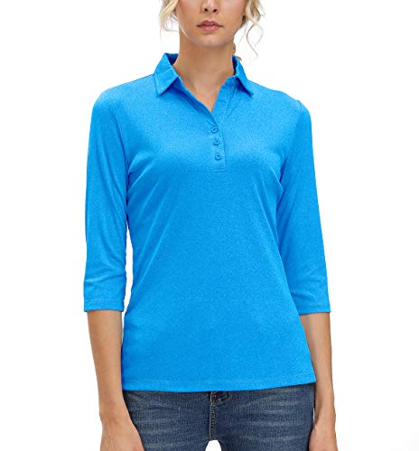 Women’s 3/4 Sleeve V Neck Golf Shirts Moisture Wicking Performance Knit Tops Fitness Workout Sports Leisure T-Shirt (Blue, 2XL)