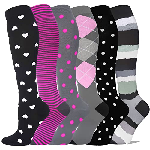 Hi Clasmix 6 Pairs Graduated Pink Compression Socks for Women&Men Circulation 20-30mmhg Knee High Sock(Multicoloured, S/M)