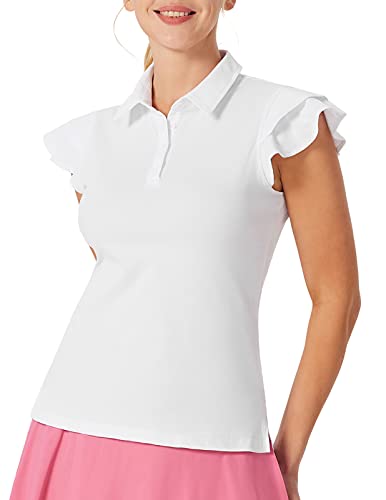 Women’s Tennis Shirt Ruffles Sleeveless Golf Polo Shirt Sports Active T-Shirt Athletic Tee(2XL, Ivory)