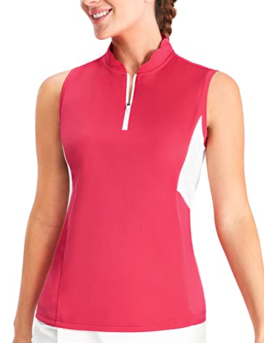 Hiverlay Womens Golf Shirt Sleeveless Zip Up UPF 50+ Quick Dry Athletic Tank Tops for Women V Neck Collared Shirts Rose red m