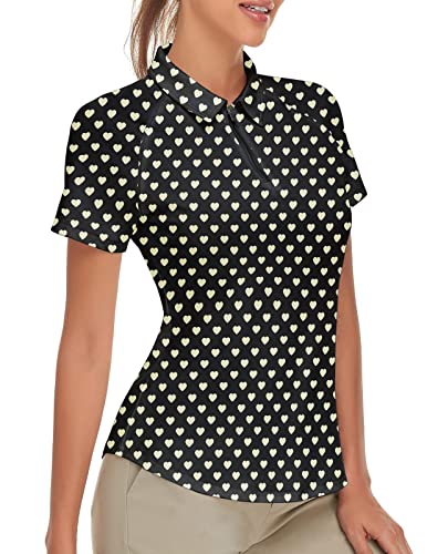 Women’s Floral Golf Shirts Short Sleeve Golf Outfits Dry Fit Collared Shirts (Black Floral, X-Large)