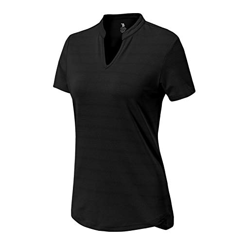 BASUDAM Women’s Golf Polo Shirts V-Neck Short Sleeve Collarless Tennis Running T-Shirts Quick Dry Black M